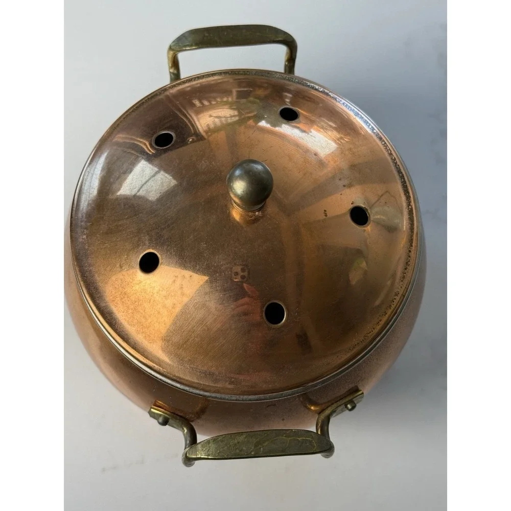 Vintage Copper Potpouri Pot / Garlic Keeper with Lid and Brass Handles